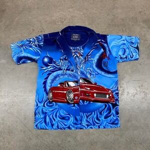 Y2K Blue Red Dragon Graphic Button-Up‎ Shirt Size S